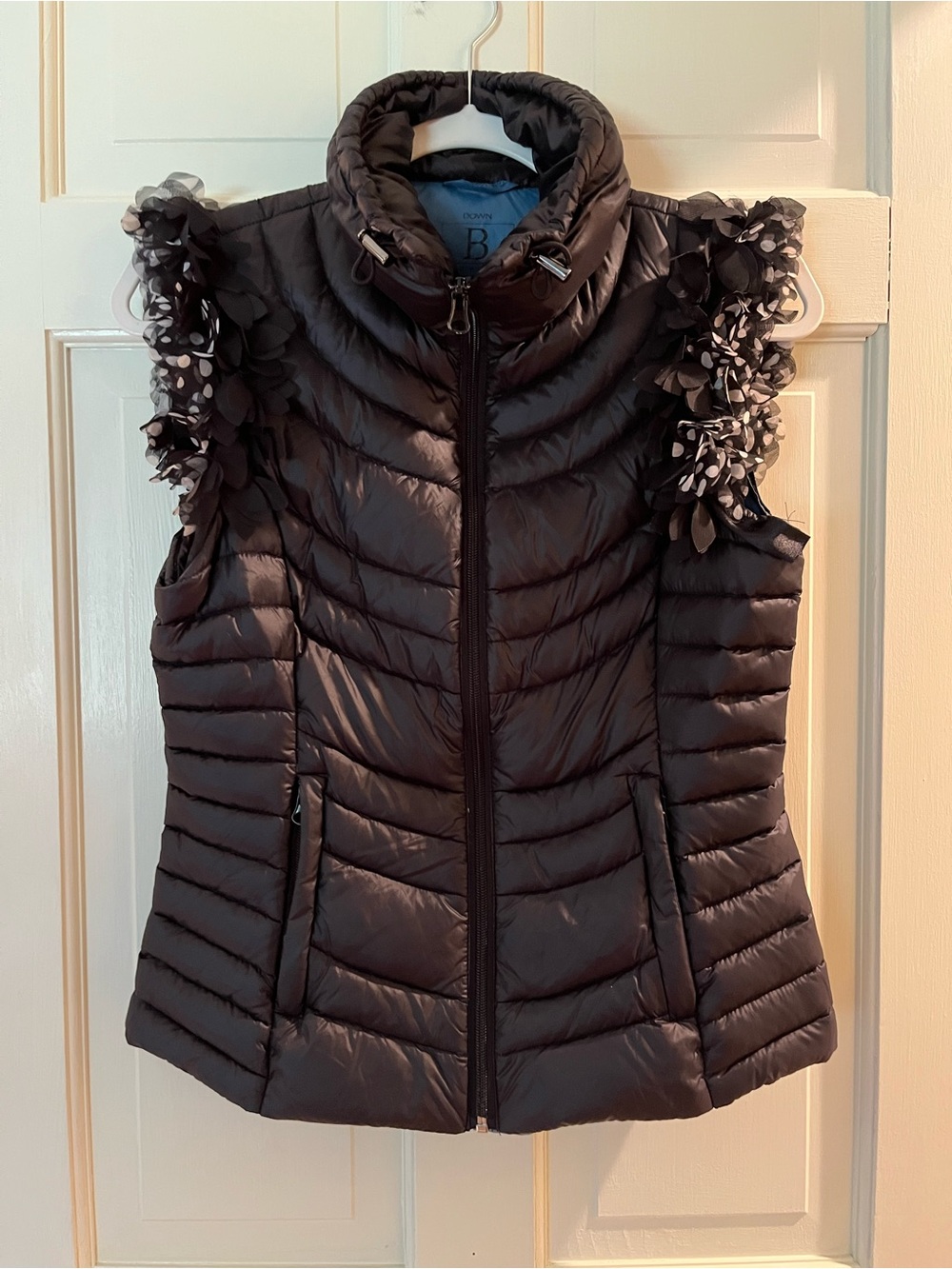Bernardo Black Quilted Down Puffer Vest with Floral Shoulder Appliqué